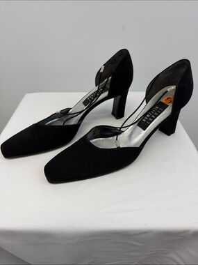 Stuart Weitzman Black D'Orsay Crystal Strap Pumps Nylon Heels 8.5